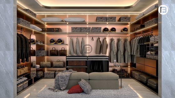 Rose Gold Stainless Steel U-Shaped Walk-In Closet With Ambient Lighting