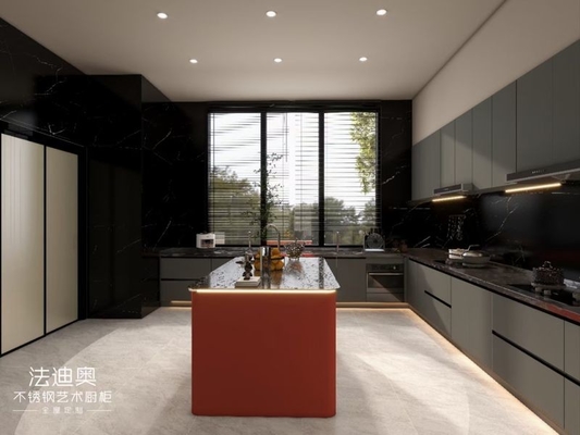 Formaldehyde-Free U-Shaped Layout Gray And Crimson Red Stainless Steel Kitchen Cabinet