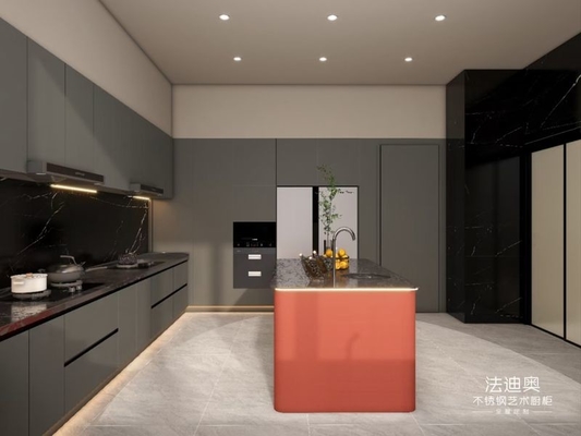 Formaldehyde-Free U-Shaped Layout Gray And Crimson Red Stainless Steel Kitchen Cabinet