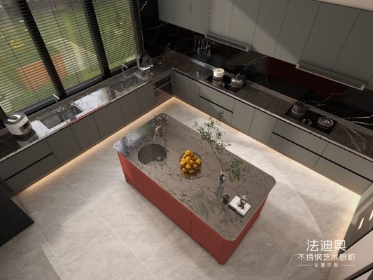 Formaldehyde-Free U-Shaped Layout Gray And Crimson Red Stainless Steel Kitchen Cabinet
