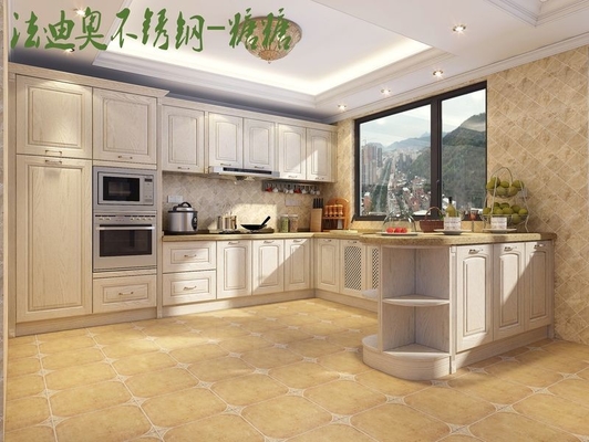 Classic French Kitchen Cabinets With Elegant Curved Displays And Functional Island