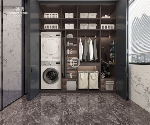 Crystal Ink Grey Stainless Steel Laundry Cabinet With Sliding Doors And Multiple Storage Solutions