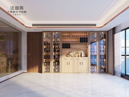 Wood Grain Wine Cabinet Solution Stainless Steel Craftsmanship With Integrated Lighting