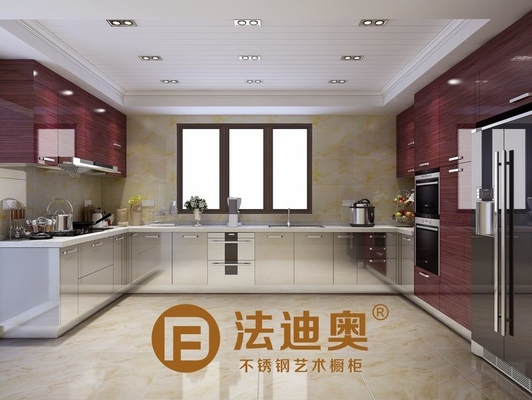 U-Shaped Stainless Steel Kitchen Cabinet WIth Crystal Wood Grain And Original Stainless Steel Color