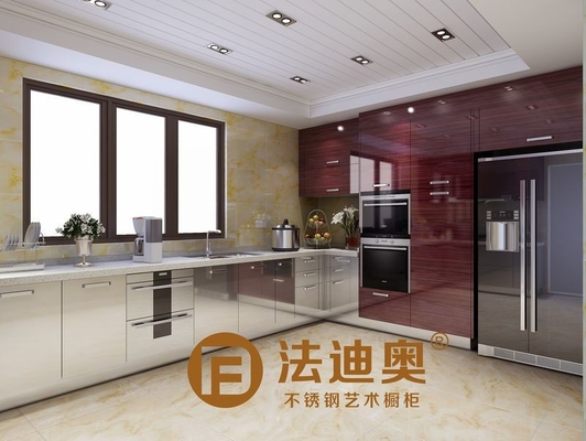 U-Shaped Stainless Steel Kitchen Cabinet WIth Crystal Wood Grain And Original Stainless Steel Color
