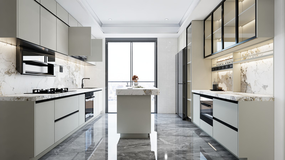 Dual-Line Design Soft Beige Stainless Steel Kitchen Cabinets