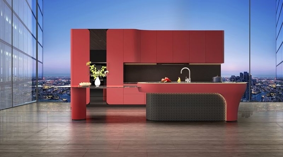 Modern Rouge Red Stainless Steel Kitchen Cabinet With Solid SS Countertop