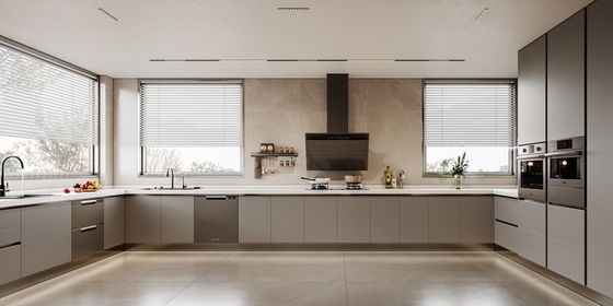 Titanium Grey Color Luxe U-Shaped Kitchen With No Wall Cabinet Design