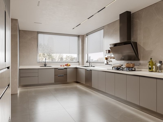 Titanium Grey Color Luxe U-Shaped Kitchen With No Wall Cabinet Design