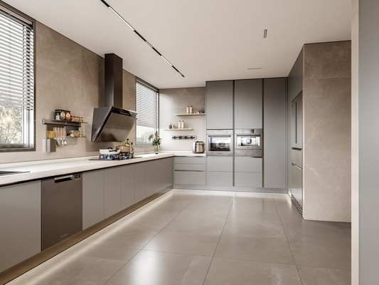 Titanium Grey Color Luxe U-Shaped Kitchen With No Wall Cabinet Design