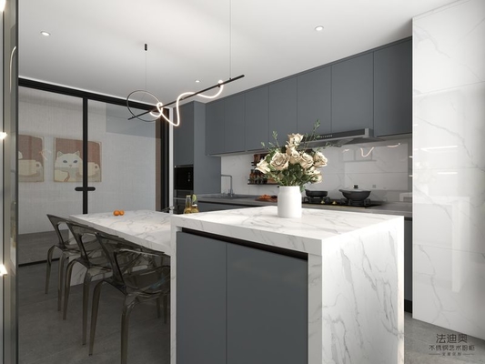 Gray-Blue Stainless Steel Double Linear Kitchen Cabinets With Wine Storage And Multifunctional Island
