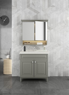 Grey Stainless Steel Bathroom Vanity With Elegant Mirror Cabinet And Shaped Door