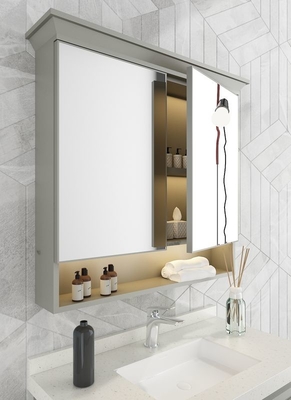 Grey Stainless Steel Bathroom Vanity With Elegant Mirror Cabinet And Shaped Door