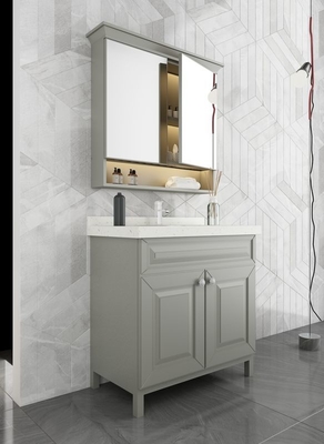 Grey Stainless Steel Bathroom Vanity With Elegant Mirror Cabinet And Shaped Door