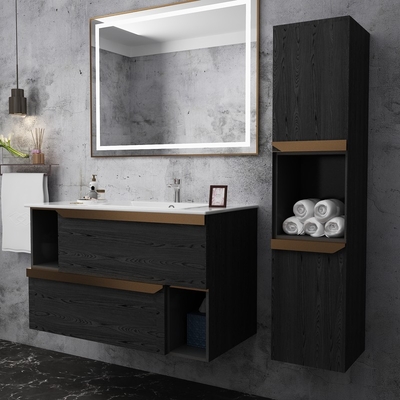Wood Grain Stainless Steel Bathroom Vanity With Integrated Storage And Open Shelf Design