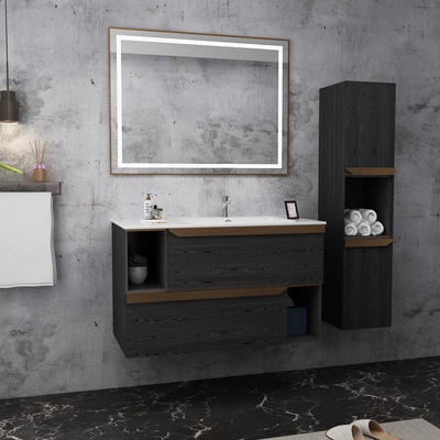Wood Grain Stainless Steel Bathroom Vanity With Integrated Storage And Open Shelf Design