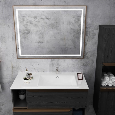 Wood Grain Stainless Steel Bathroom Vanity With Integrated Storage And Open Shelf Design