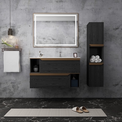 Wood Grain Stainless Steel Bathroom Vanity With Integrated Storage And Open Shelf Design