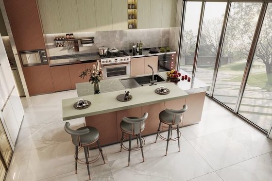 Elegant Stainless Steel Kitchen Cabinet With Rose Gold And Wood Grain Accent