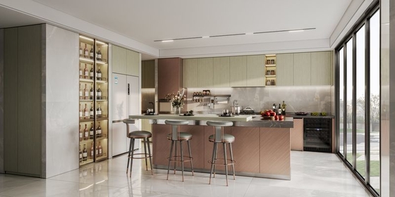 Elegant Stainless Steel Kitchen Cabinet With Rose Gold And Wood Grain Accent