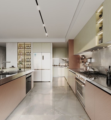 Elegant Stainless Steel Kitchen Cabinet With Rose Gold And Wood Grain Accent