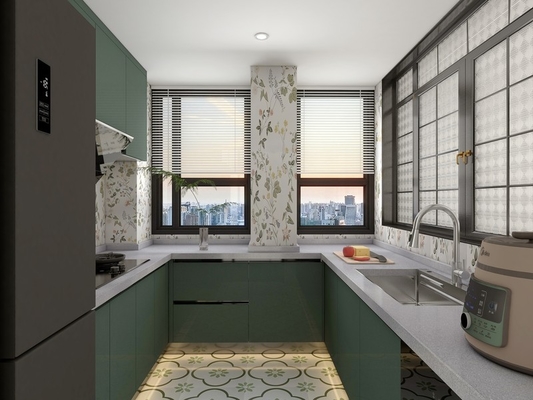 U-Shaped Stainless Steel Kitchen Cabinet With Elegant Green Finish