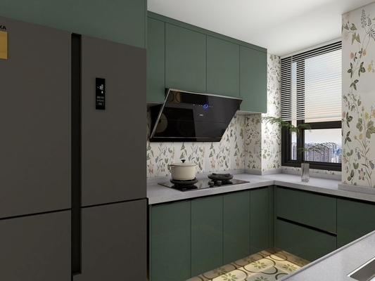 U-Shaped Stainless Steel Kitchen Cabinet With Elegant Green Finish