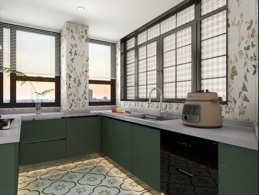U-Shaped Stainless Steel Kitchen Cabinet With Elegant Green Finish