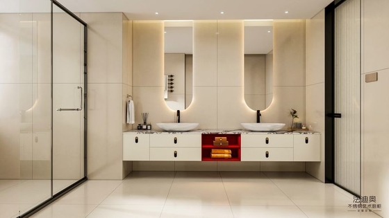 Off-White Fadior Stainless Steel Floating Bathroom Vanity With Red Open Shelf Design