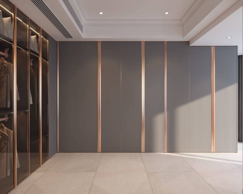 Modern Meridian Gray L Shaped Bedroom Wardrobe With Customized Storage Zones