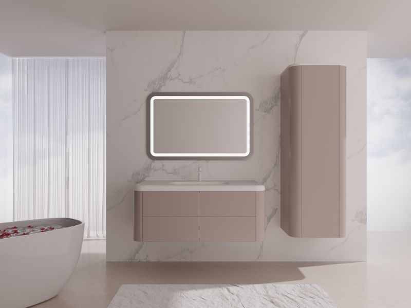Sakura Pink Wall Mounted Bathroom Cabinet Rounded Edges Floating Bathroom Sink Unit
