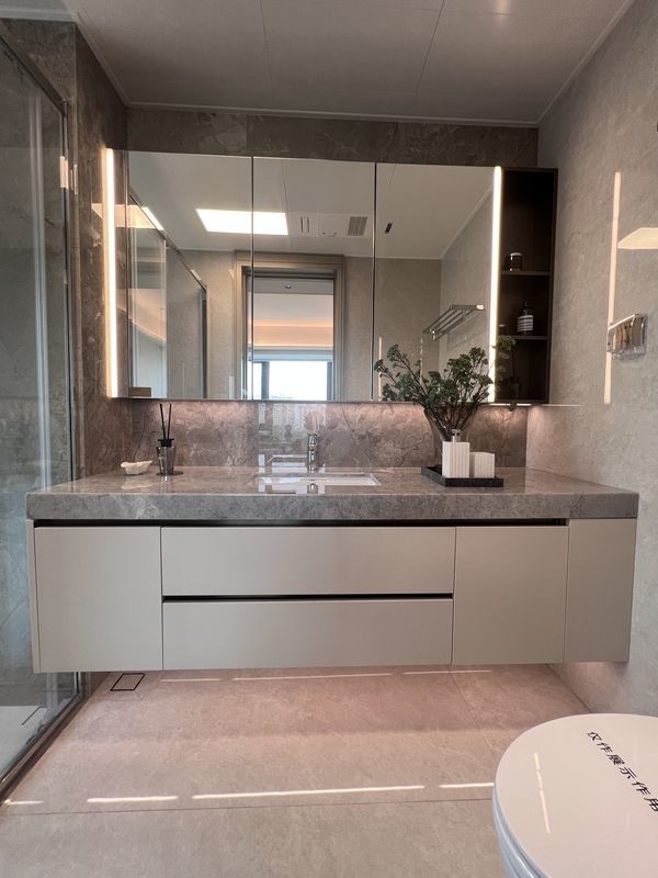 Customization Bathroom Vanity Cabinet With Soft Beige Color And Gray Marble Countertop