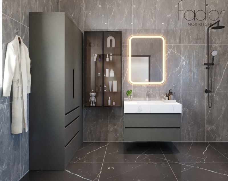 Contemporary Gray Finish Stainless Steel Bathroom Vanity Cabinet With Multiple Storage Solution
