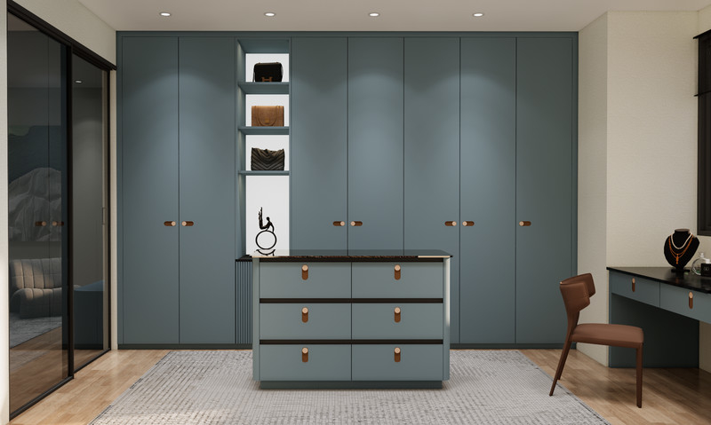 Blue Grey Custom Walk In Closet With Multi Drawer Island And Black Mirrored Vanity