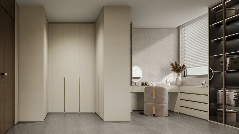 Effortless Style And Functionality Modern U-Shaped Wardrobe With White-Almond Doors