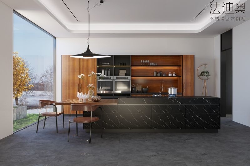 Elegant Double Line Stainless Steel Kitchen Cabinets With Black Sintered Stone Island