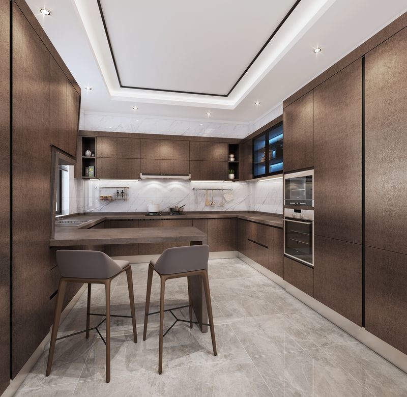 Modern U-Shaped Stainless Steel Kitchen Cabinets With Sleek Stone Grain Design