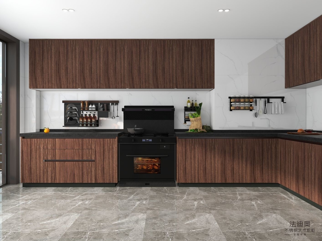 Luxury Stainless Modern Stainless Steel Kitchen Cabinets With Natural Wood Grain Finish - Customizable And Durableeel Modern Kitchen Cabinet With Sustainable Design Functionality And Elegance