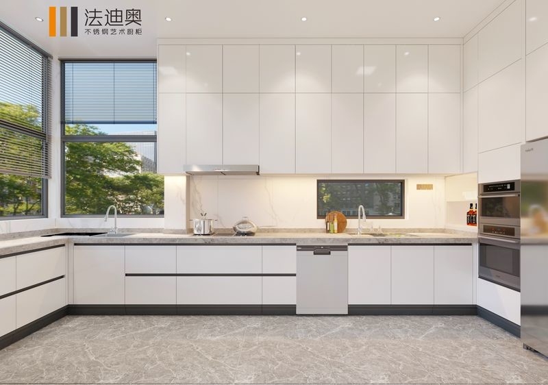 Premium Stainless Steel U-Shaped Kitchen Cabinet With Extra-High Wall Cabinets