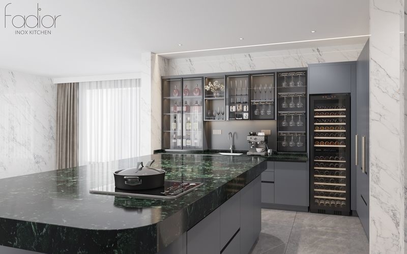 Modern U-Shaped Grey Stainless Steel Kitchen Cabinet With Marble Finish