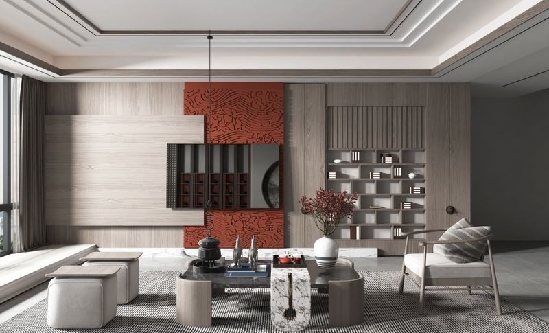 Modern Wood Grain TV Cabinet Solution With Red Cloud Pattern Stainless Steel Background Panel