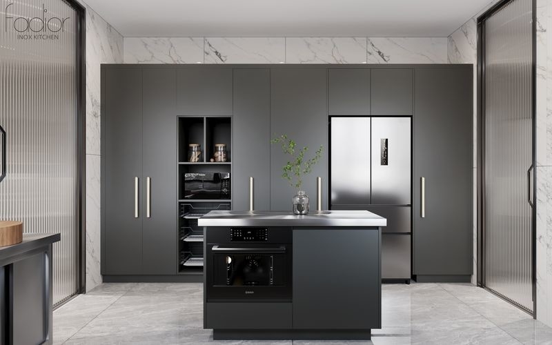 Modern Stainless Steel Double-Line Kitchen Cabinet With Integrated Appliances And Multiple Storage Solution