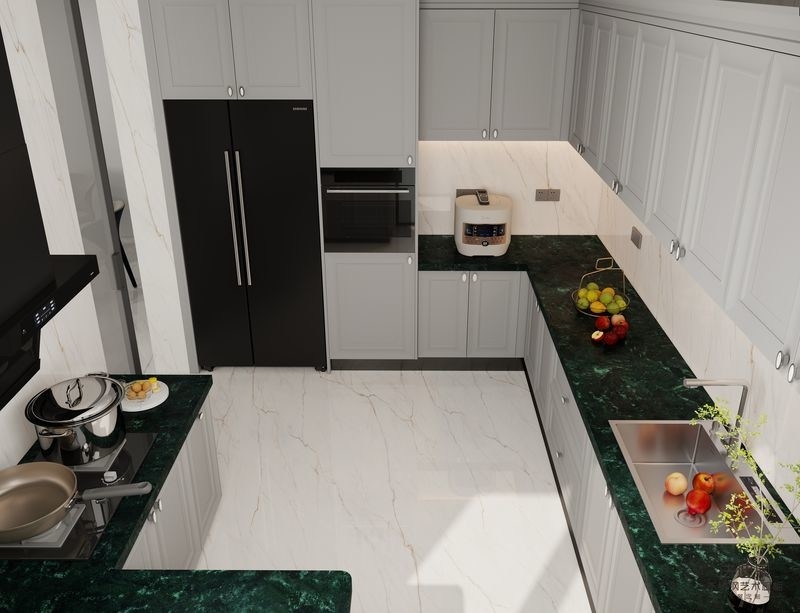 Timeless Stainless Steel Kitchen Cabinet With Dark Green Quartz Countertop And Raised Panel Doors