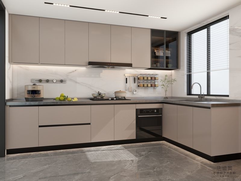 L-Shaped Beige Modern Stainless Steel Kitchen Cabinets With Glass Doors Design