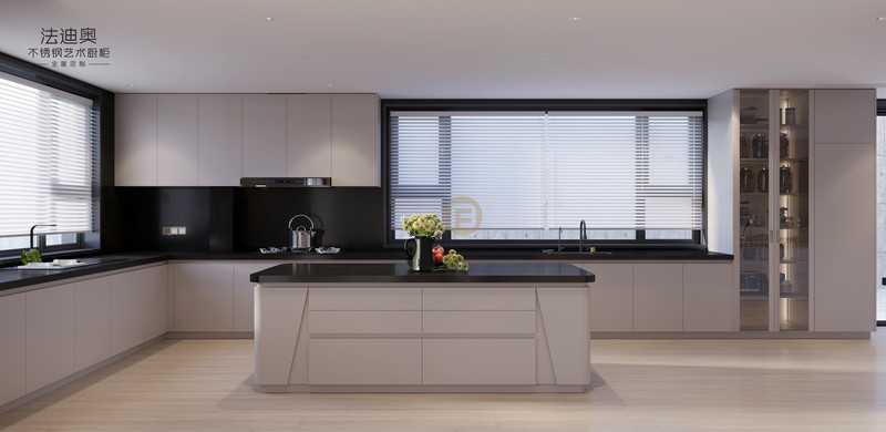 Elegant Grey Stainless Steel Kitchen Cabinet With Curved Island And Multiple Storage Solution