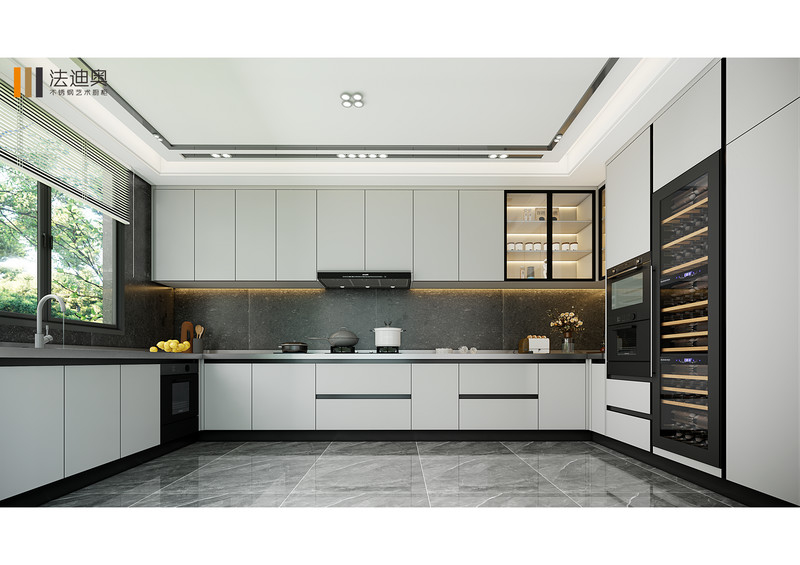 Elegant And Modern U-Shaped Stainless Stee Kitchen Cabinet with Integrated Wine Cooler