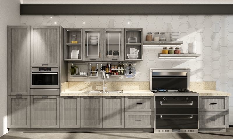 Single-Line Light Gray Stainless Steel Kitchen Cabinet with Wood Texture Panels