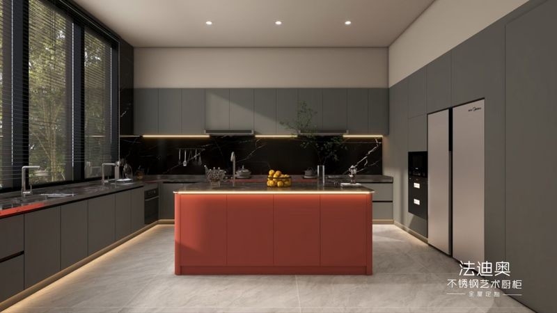Formaldehyde-Free U-Shaped Layout Gray And Crimson Red Stainless Steel Kitchen Cabinet