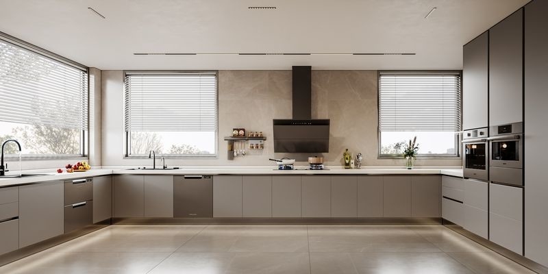 Titanium Grey Color Luxe U-Shaped Kitchen With No Wall Cabinet Design