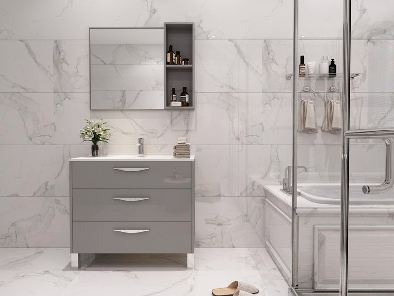 Stainless Steel Bathroom Vanity With Glossy Grey Finish And Modern Storage Design